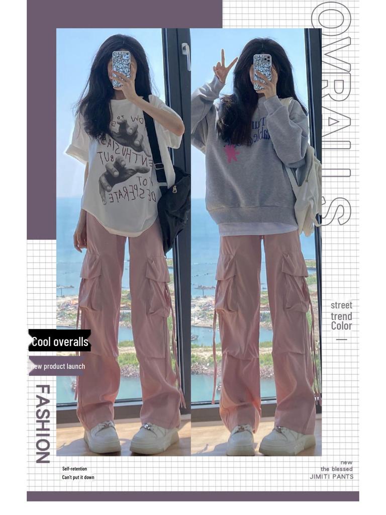 Women's Pink High-Waist Parachute Overalls - Quick-Drying, Wide-Leg, Casual American Sports Pants for Spring, Summer, and Autumn