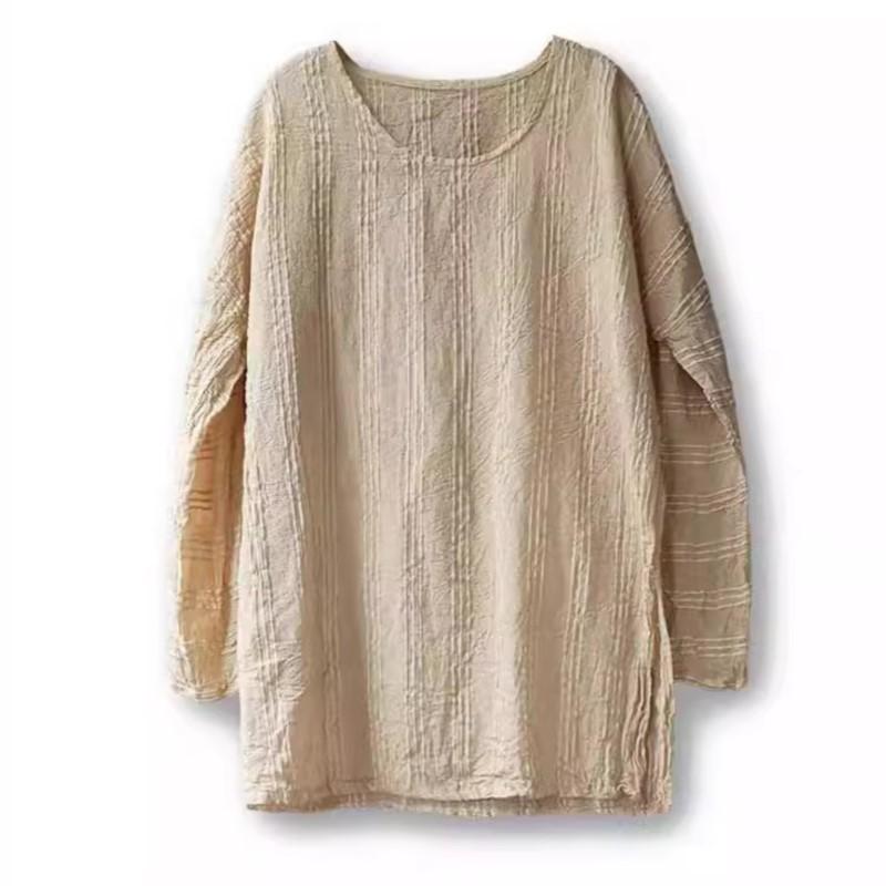 Johnature Women Vintage Beige T-Shirts O-Neck Long Sleeve Spring Loose Casual Jacquard T-Shirts