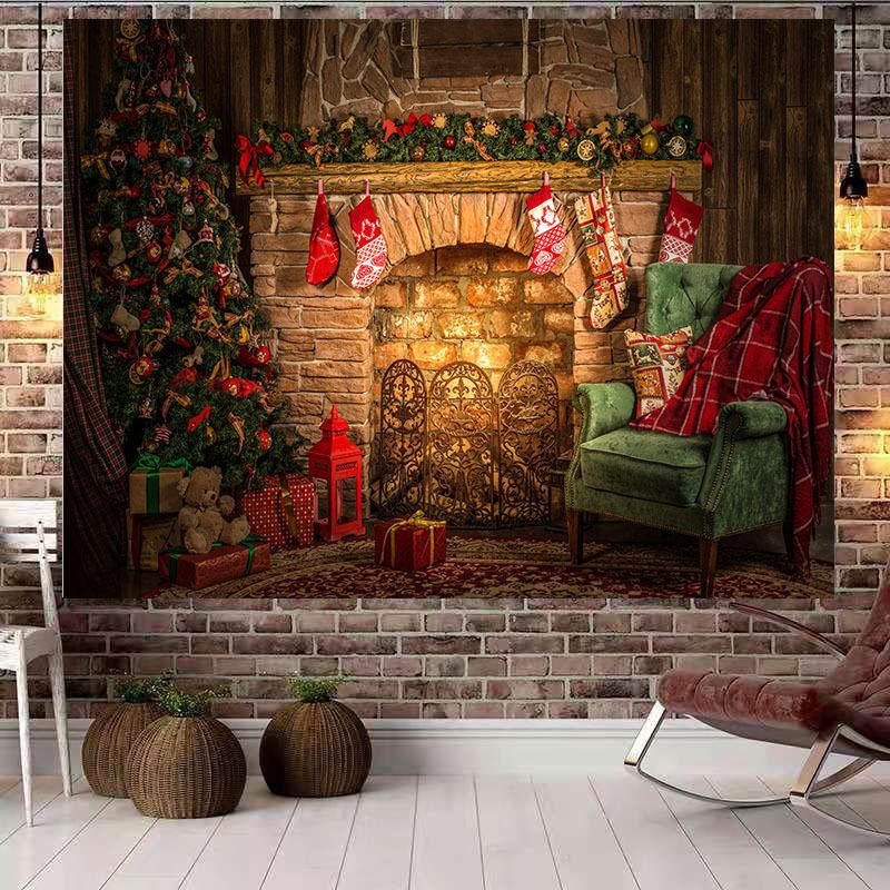 Christmas Tree Tapestry Christmas Gift Fireplace Snowflakes Santa Claus Winter Farmhouse Decoration Kitchen Wall Blanket