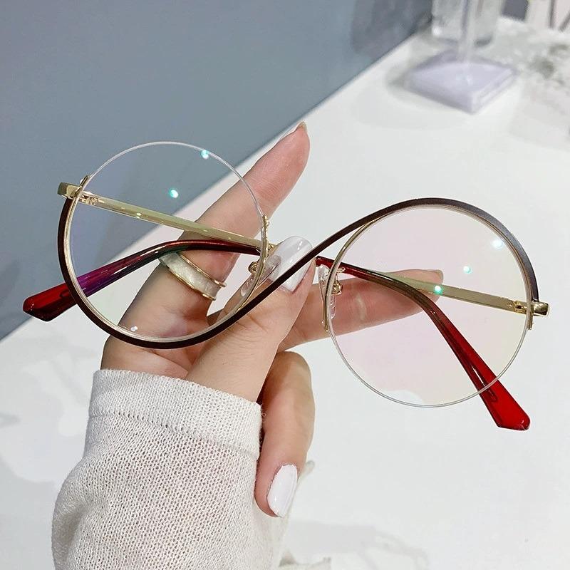 Round Semi-Rimless S Shape Glasses Women Eyeglasses Big Frame Clear Lens Optical Eyewear Men Vintage Anti-Blue Light Computer Eyeglass