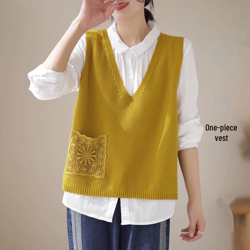 "Spring 2024 Women's Knitted Sleeveless Lace-Trim Vest – Solid Color Casual Top"