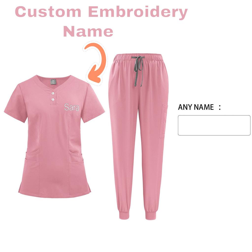 DIY Name Embroidery Customization Women's Uniform Quick-drying Fabric Solid Color V-neck Pocket Short-sleeved Trousers Suit Dry-nurse Work Clothes