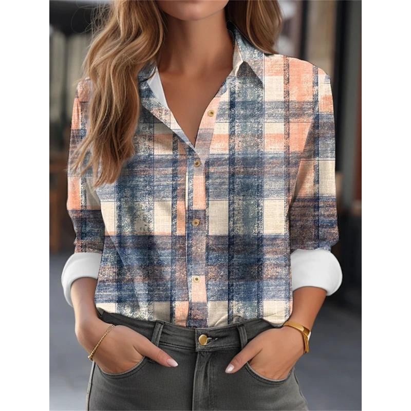 Women's Multicolor Geometric Splicing 3D Print Long Sleeve Shirt, Women's Vacation Shirt