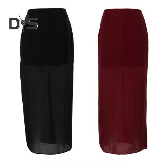 Women Maxi Skirt High Waist Mesh Yarn Cover Perspective Solid Color Skirt Hip Wrapped Split Design Long Skirt