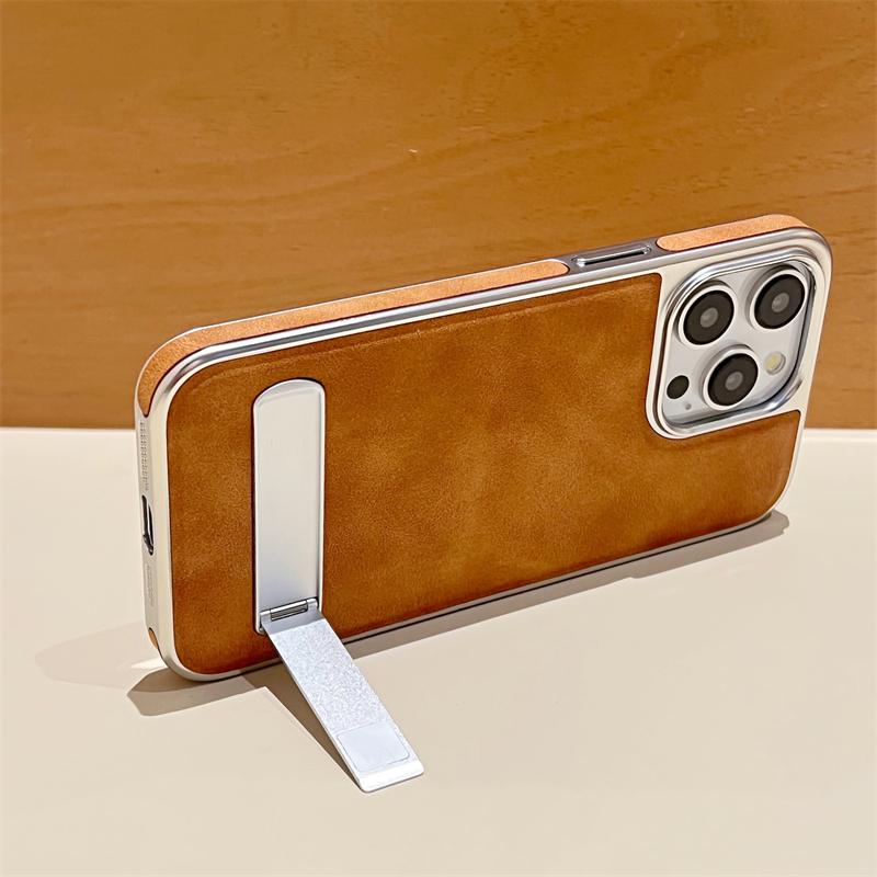 Luxus-Plating-Leder-Hülle mit verstecktem Metallhalter für iPhone 15 14 13 12 11 Pro Max Plus 15Pro 14Pro IPones-Ständer Stoßfeste Abdeckung