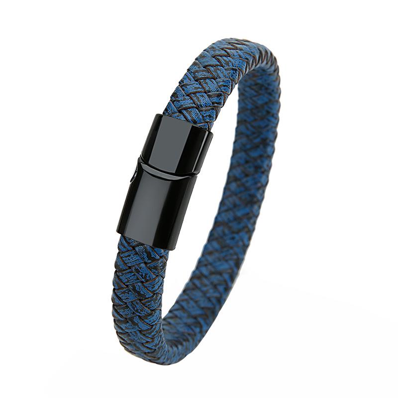 Retro Genuine Leather Men's Woven Cord Bracelet with Magnetic Buckle