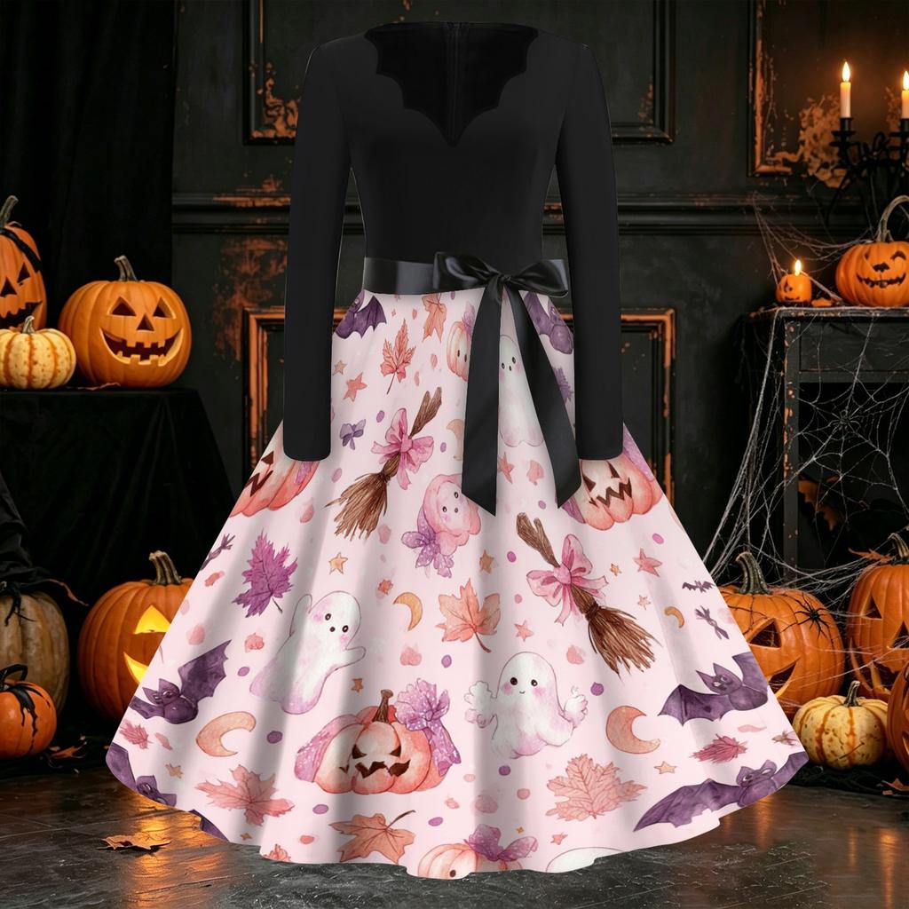 Damen Freizeitkleid mit langen Ärmeln und V-Ausschnitt, Vintage-Stil, mit Halloween-Kürbisdruck, Retro-Stil, Vollrockkleid mit Taillengürtel für saisonale Kleidung