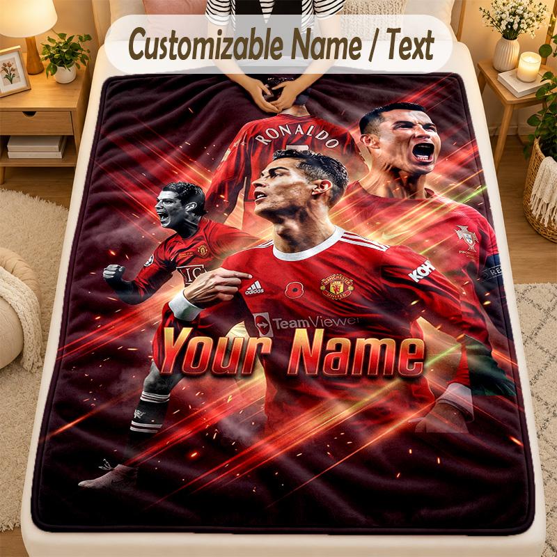 Flannel BlanketCristiano Ronaldo Custom Name Text Personalized Soft Warm Throw Blanket Home Decor Gift