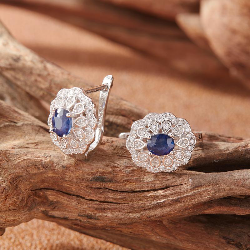 Retro Hollow Pattern Natural Sapphire Stud Earrings Women'S S925 Sterling Silver Colored Jewelry