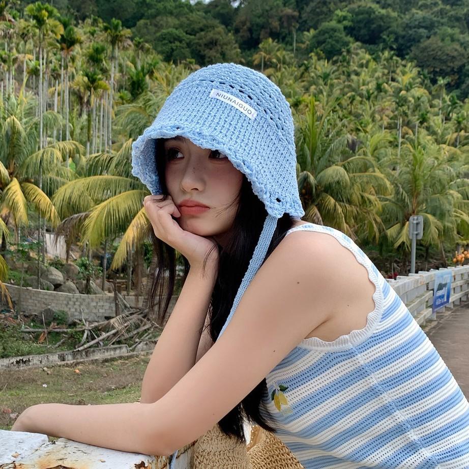 Hand Crocheted Bucket Hat Women's Versatile Face Small Sunscreen Basin Hat Thin Hollow Knitted Wool Hat Retro