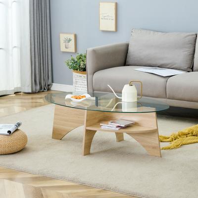Oval Coffee Table Safety Glass – 104.9x60cm. Table Frame with Light-Colored, Arranged Compartment Elements and Integrated Storage Function.
