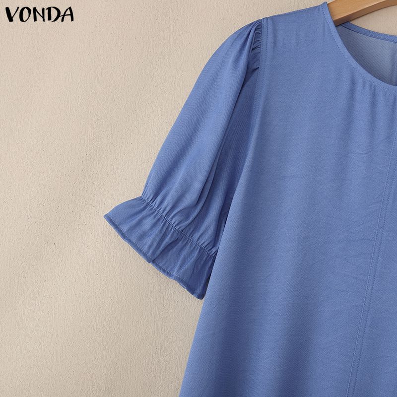 VONDA Women Elegant Round Neck Short Sleeve Ruffled H Line Casual Long Dress