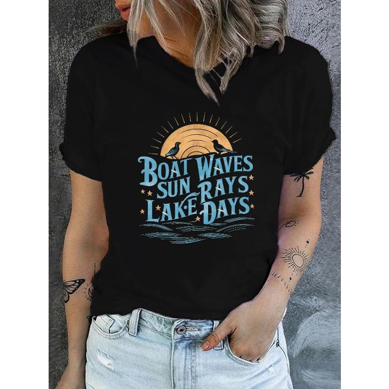 Women s Boat Lake Print Comfy Casual T-Shirt S чёрный