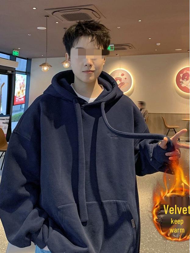 Men's American Retro Vintage Fleece-Lined Hooded Sweatshirt - Spring/Autumn Trendy Loose Fit Hoodie Jacket