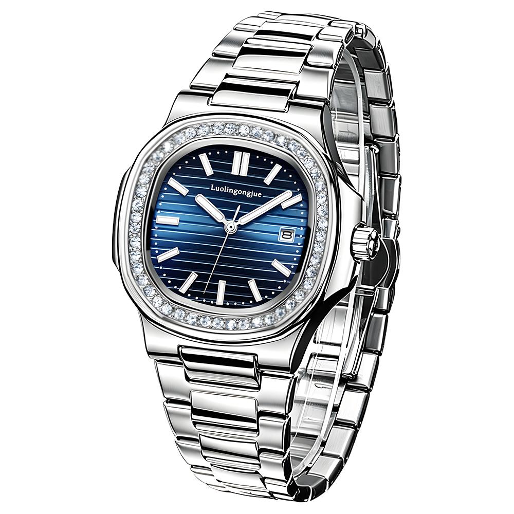 

Luxury Rhinestone Bezel Green Automatic Mechanical Watch Men Waterproof Luminous Calendar Mens Watches Relogios Masculino синий