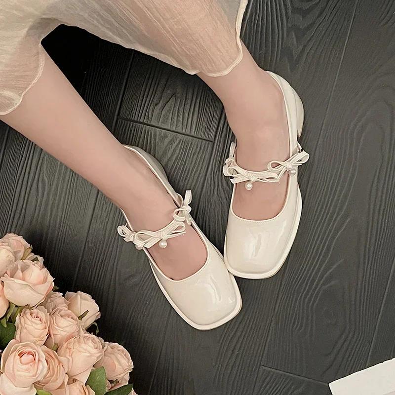 Luxury Pearl Designer Square Toe Mary Jane Shoes Women 2024 Sweet Bow Solid Color Shallow Mouth Outdoor Party Dress High Heels