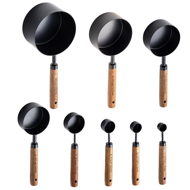 8-Piece Stainless Steel & Walnut Measuring Spoon and Cup Set for Baking and Coffee
