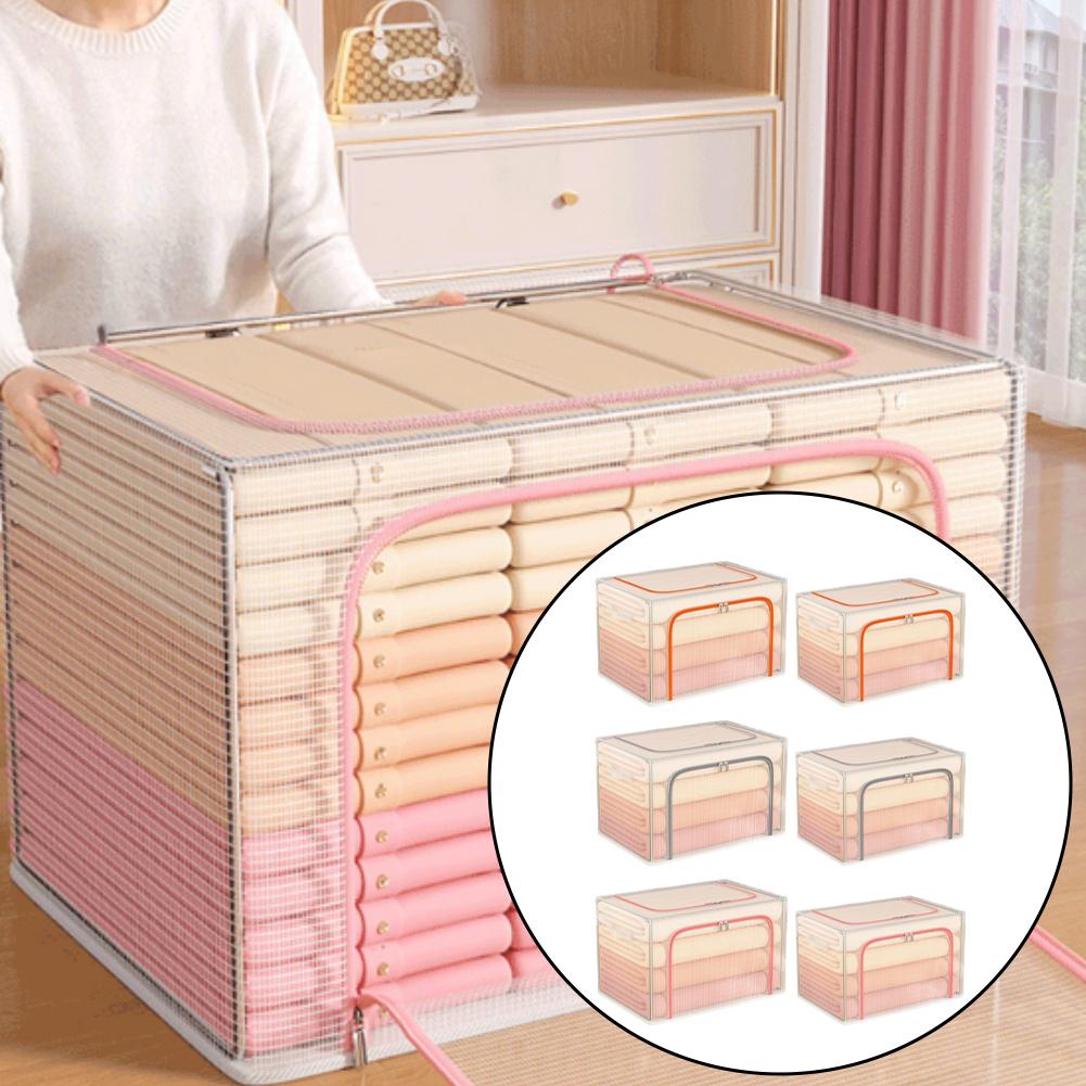 For Clothes Storage Bin Foldable with Metal Frame and Transparent Lid for Space Saving Bedroom Closet For Clothes Storage