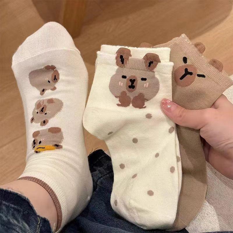 5 Pairs Cute Capybara Women'S Knee-Length Socks, Cartoon Knit Fabric, Summer Thin Low Cut Japanese Style Socks,