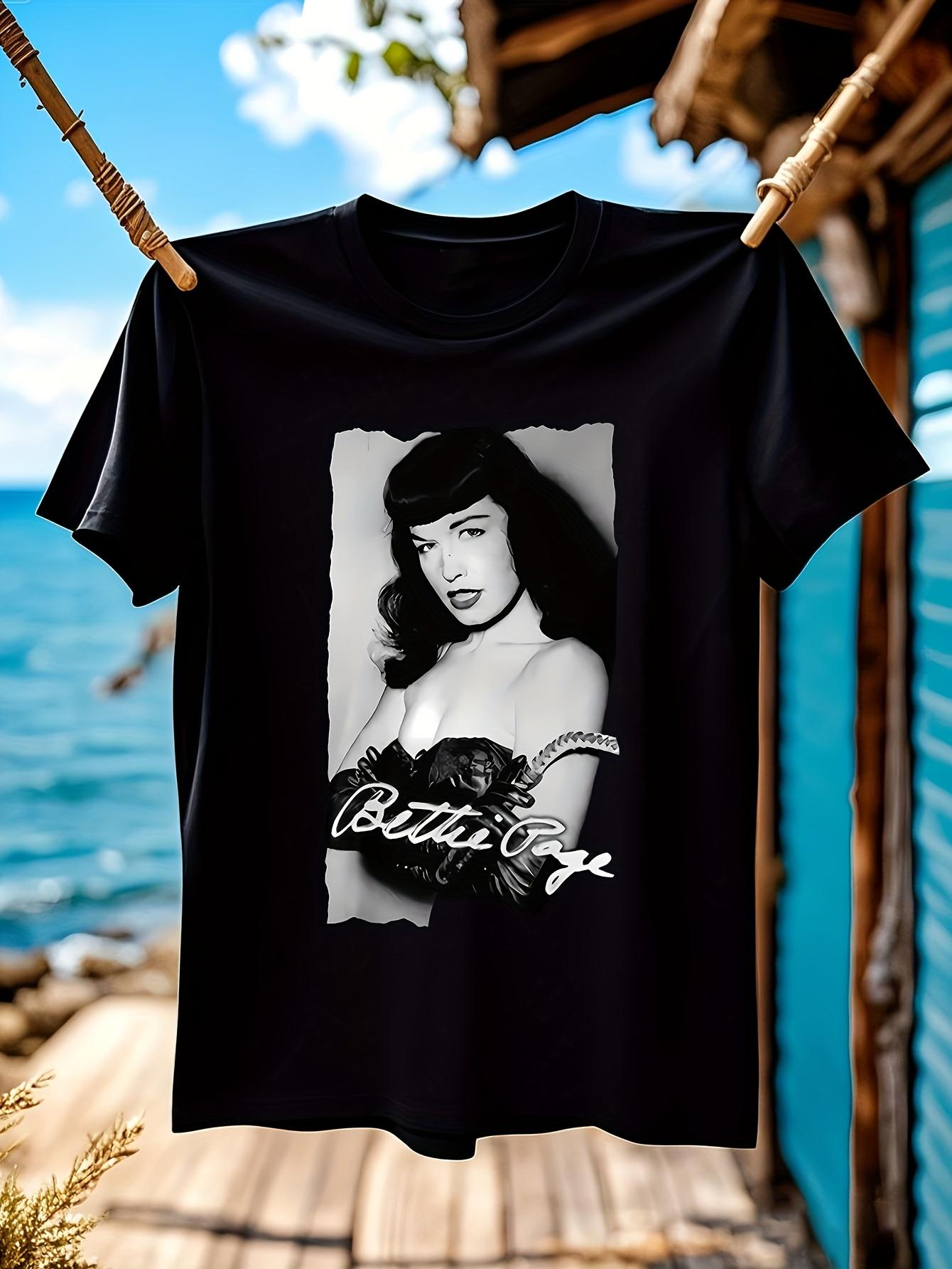Vintage Bettie Page Pin-Up Girl Graphic T-shirt - Soft Retro Black Short Sleeve Tee with Iconic White Portrait L