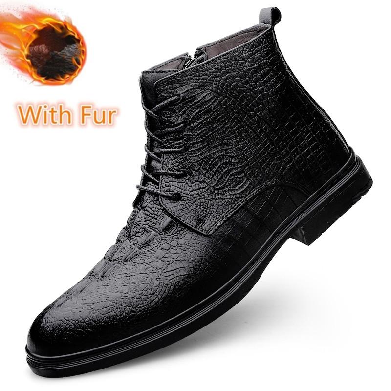 

Модные высококачественные теплые ботинки с крокодиловым узором из натуральной кожи, мужские ботильоны, теплые плюшевые меховые зимние ботинки, новое поступление, деловая обувь 47
