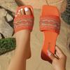 Fashion Bohemia Orange Embroidered Fabric Slides Women 2025 Summer Square Toe Flat Heel Slippers Silver Glitter Sexy Beach Sandals