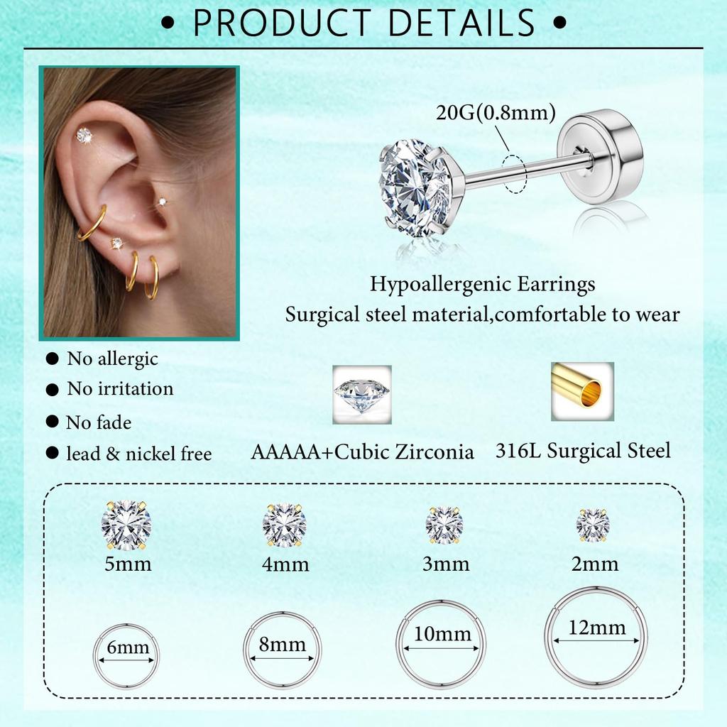 8 Pairs Hypoallergenic Stud Hoop Earrings Set for Women Men Surgical Steel Seamless Earrings,Dainty Small Flat Back Earrings