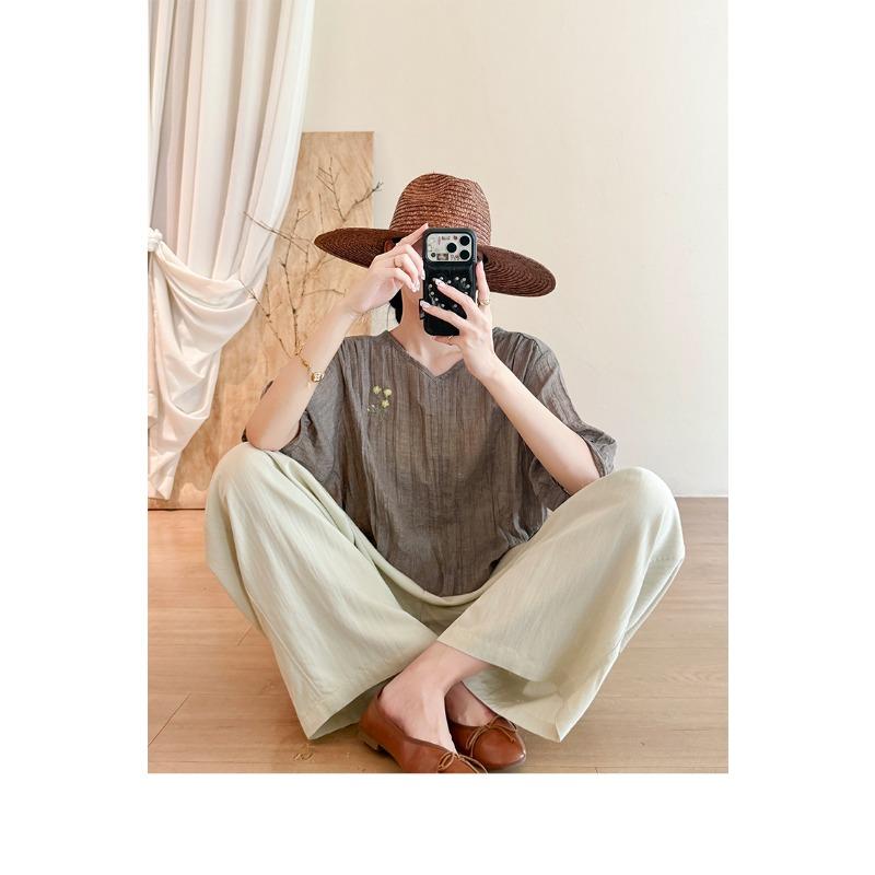DIMANAF 2026 Summer New Plus Size Women Blouse Shirt Vintage Embroidery Loose Cotton Linen Casual Lady Tops
