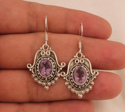 Solid 925 Sterling Silver Amethyst Gemstone Handmade Boho Designer Women Dangler Earring