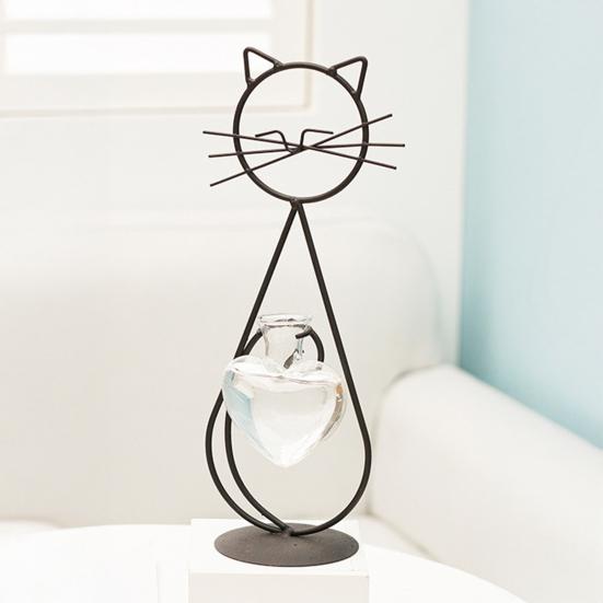 Decorative Ornament, Cat-Shaped Rust-Proof Iron Bracket with Transparent Glass Vase for Hydroponic Plants Desktop Decoration