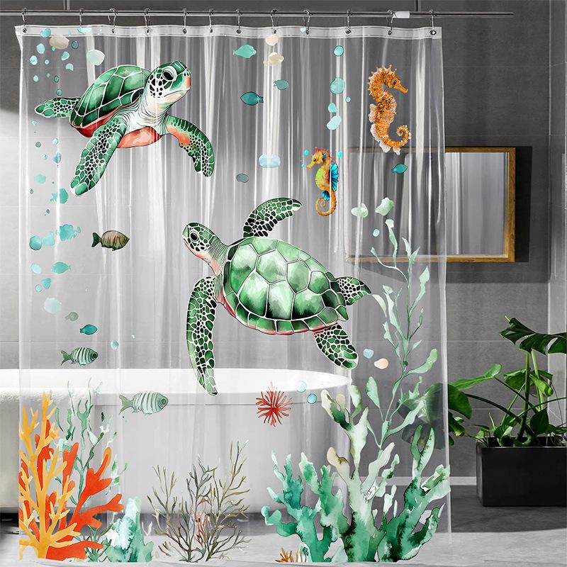 Hochwertiger PEVA Goldfisch Duschvorhang - Transparente Badezimmerdekoration mit Orangen Fischen und Stein-Design, Inklusive 12 Haken