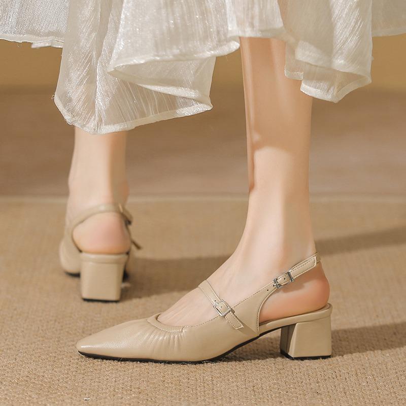 Summer new thick heel bag head sandals women's word with pleated square head heel single shoes