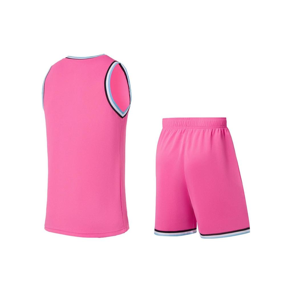 Li Ning Professional Basketball Series Logo Print Striped Round Neck Basketball Vest And Shorts Set Men Sportswear Dujian-Pink AATS003-13