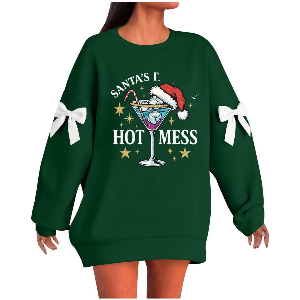 Ladies' Christmas Printed Bow Round Neck Long Sleeved Loose Pullover Sweater Sweatshirt Top