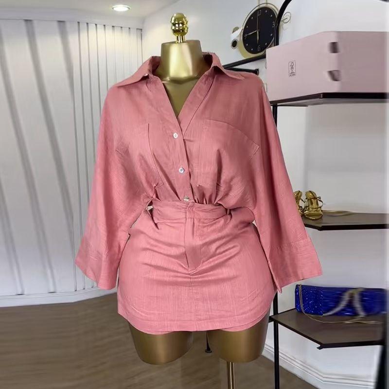

Western Style New Fashion Casual Lapel Shirts Shorts Set Shirt and Shorts Suit Set Pink M