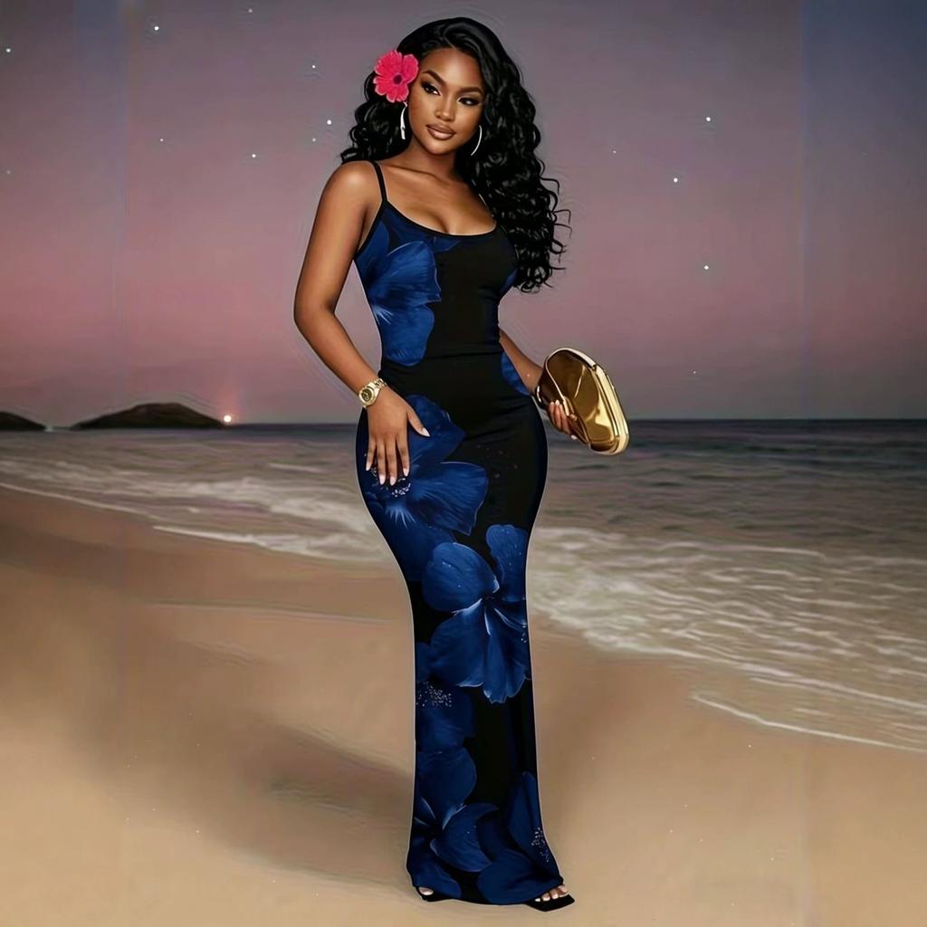 Summer European and American new printed, sexy slim-fitting hip-wrapped dress seaside vacation suspender dress