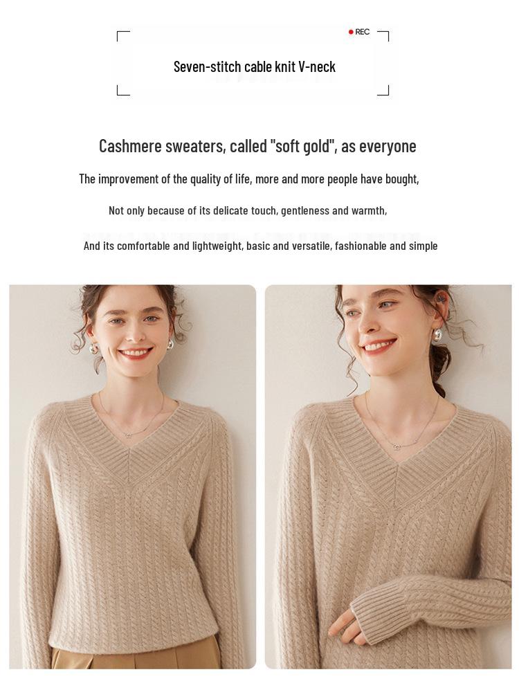 Women's Thick V-neck Cashmere Sweater: Pure Color Loose Knit for Autumn and Winter