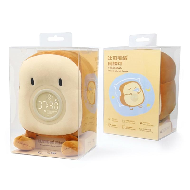 LED Digital Cartoon Alarm Clock Bedroom Night Light Bedside Electronic Clock Soft Plush Toast Shape Alarm Clock