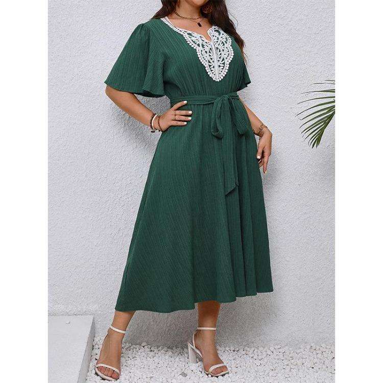 Elegant V-neck Lace Print Summer Casual Dress for Women High Waist Tie Long Maxi Ruffled Short Sleeve Breathable Work Vacation Plus Size Dress