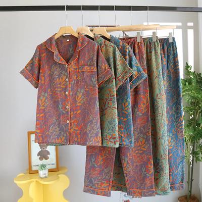 Short Sleeved Short Tops with Long Pants Cotton Color Woven Jacquard Women's Cotton Spring and Summer Leaves Printed Pajamas Set