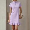 Women's Color Round Neck Zipper Short Sleeve Loose Fit Ruffle Hem Dress for Casual Everyday Wear