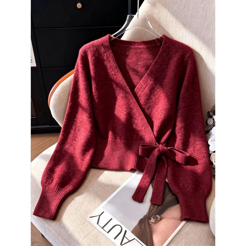 Womens V-Neck Knit Cardigan Slim Fit Long Sleeve Solid Color Fashion Casual Top