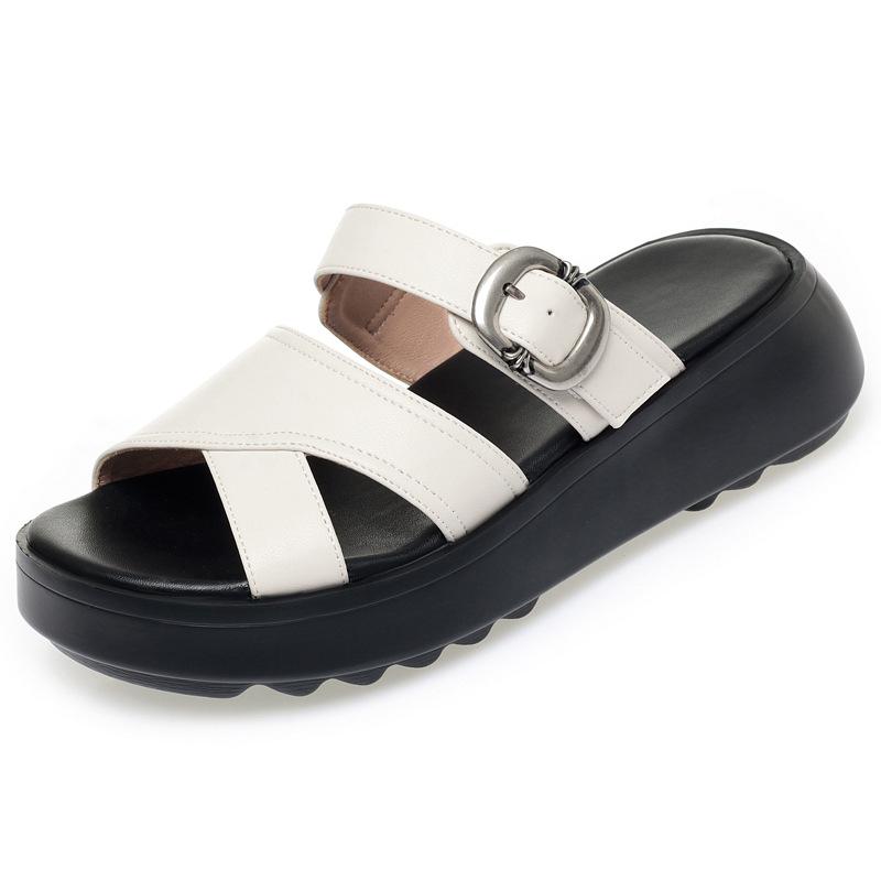 

5 см Универсальные Удобные Шлепанцы из Натуральной Кожи Обувь на Плоской Платформе Лето 2025 Толстая Подошва Слайды для Офиса Пляжа Мамы 42 белый