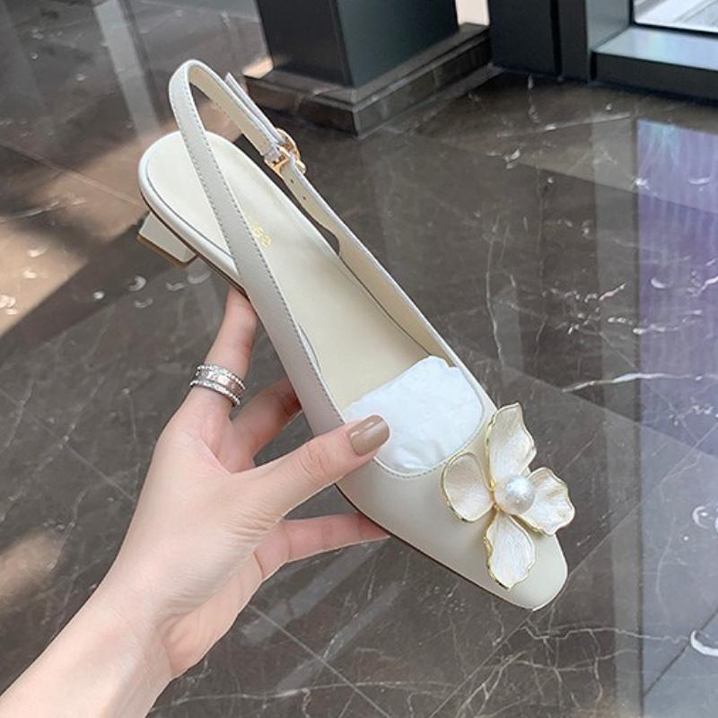 Fashion Elegant String Bead Flower Decoration Brand High Heels Women Sexy Pointy Toe Slingback Designer Shoe Fashion Wedding Bridal Shoe