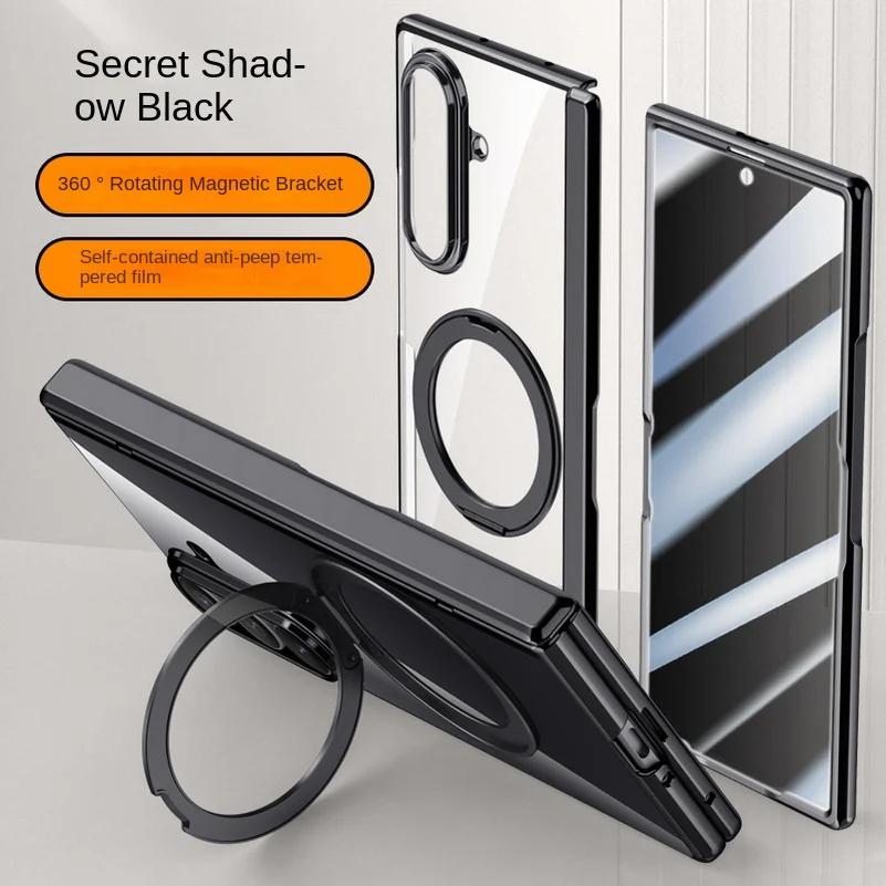 Metal Ring Holder Magsafe Magnetic Phone Case for Samsung Galaxy Z Fold 7 Spring Hinge with Tempered Glass Film Protection Cover