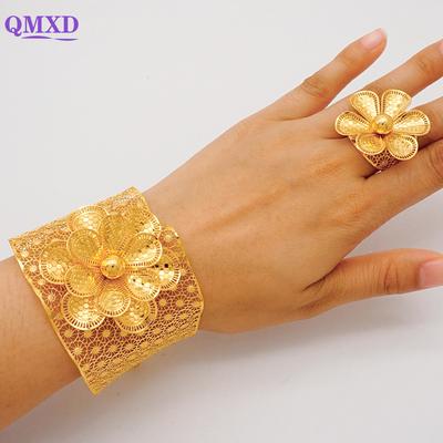 Dubai Goldfarbener Armreif mit Ring für Damen Charm-Kette Manschettenarmband Indisches Armband Arabisch Frankreich Braut Hochzeits Schmuck Geschenke