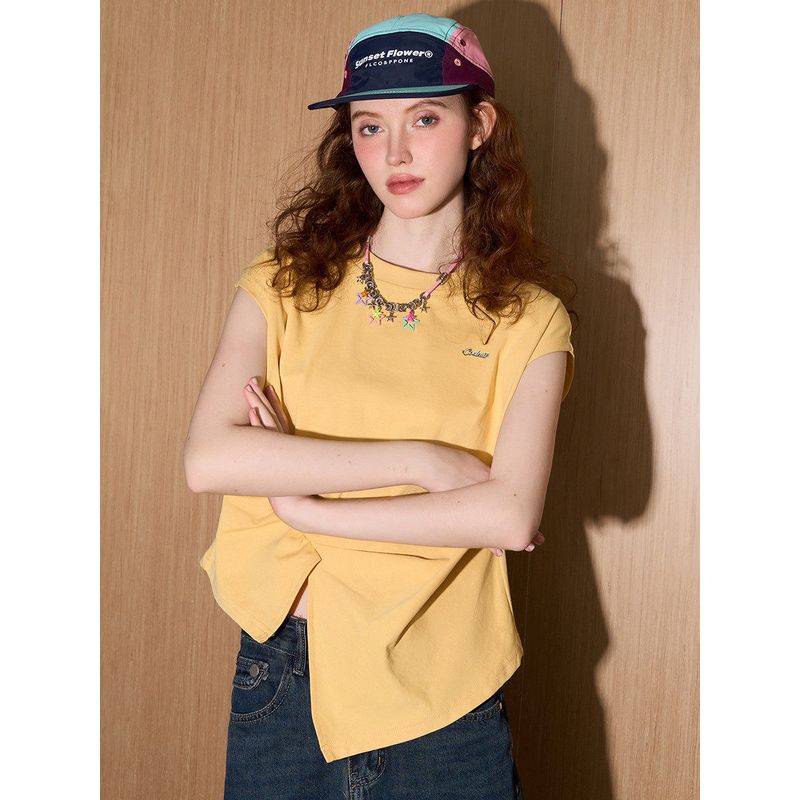 Coolhut Asymmetrical Twisted Raglan Sleeves Round Neck Design Sleeveless Pleated 2025 Summer Women's T-Shirt Niche