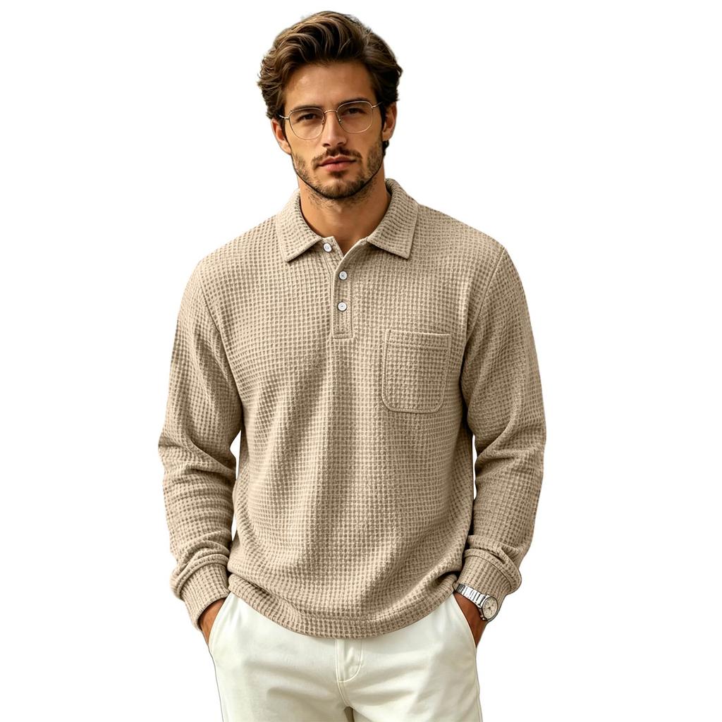 Men's Knit Pullover Top Collared Long Sleeve Pocket Casual Outdoor Fall Shirt