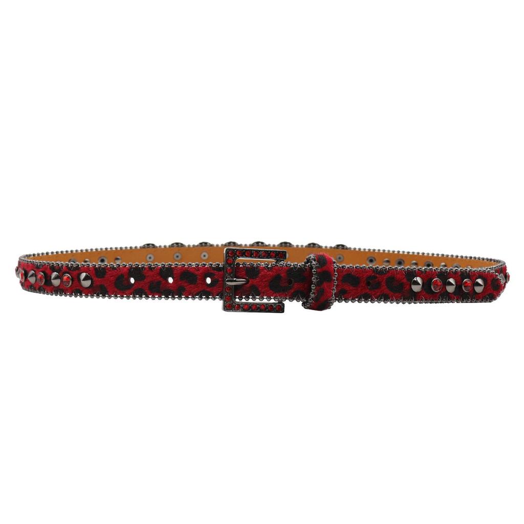 Leopard Print Women's Belt with Skull Design and Rhinestone Pin Buckle - Hip Hop Nightclub Style