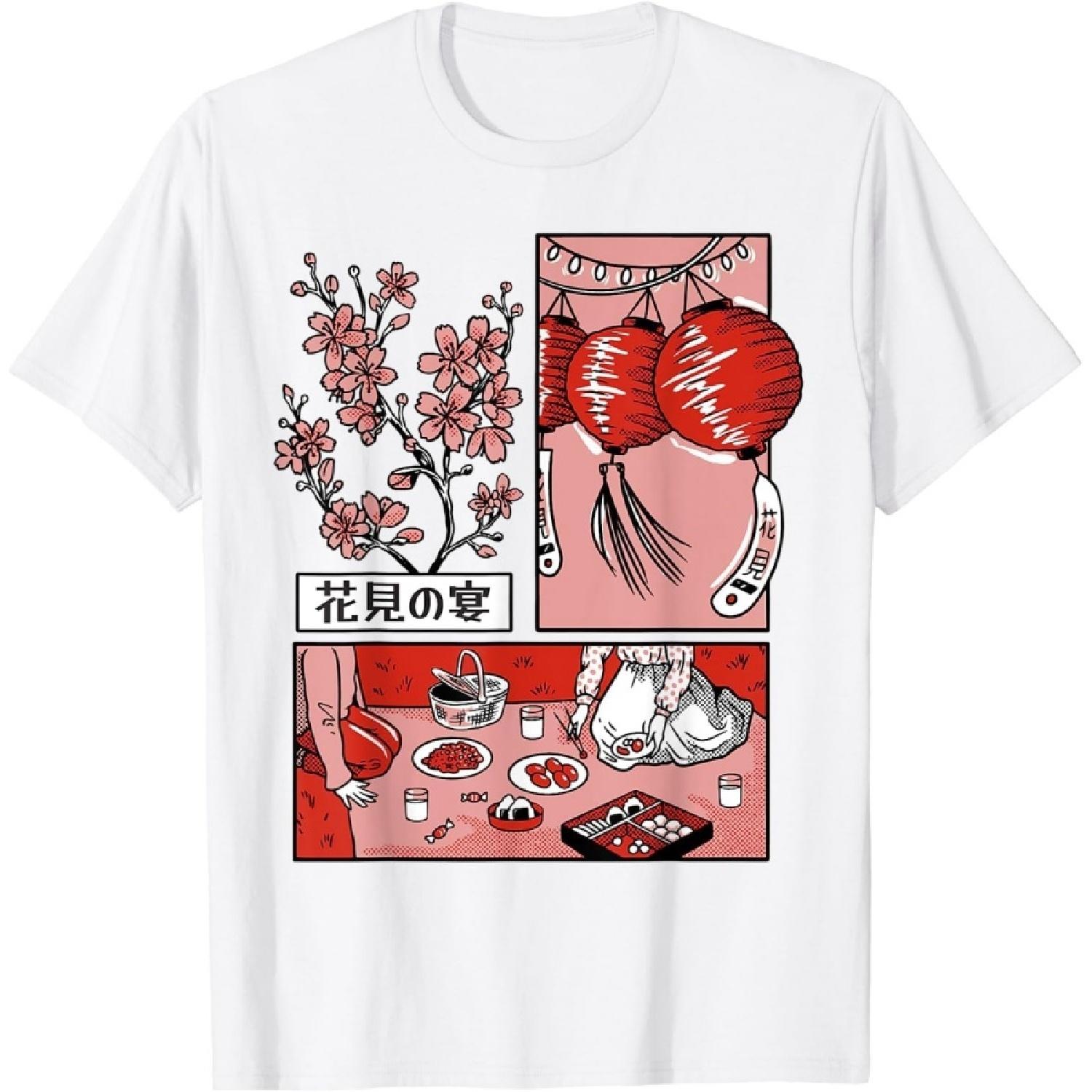 HERSIL Винтажная футболка с вишневым цветом Японское графическое искусство Футболка XXXXXL белый